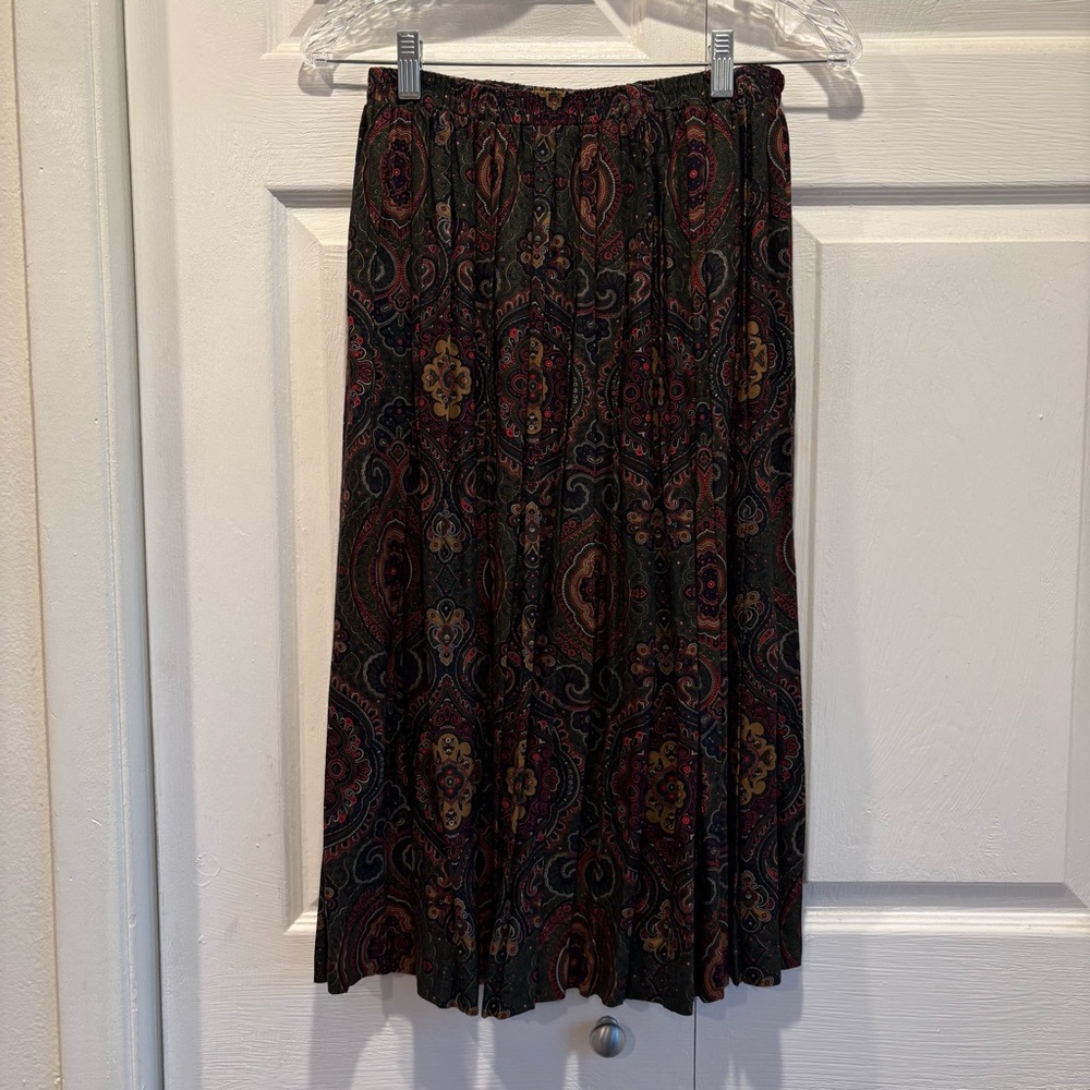 Vintage E.D. Michaels Green Paisley Print Midi Length Skirt - Size Small